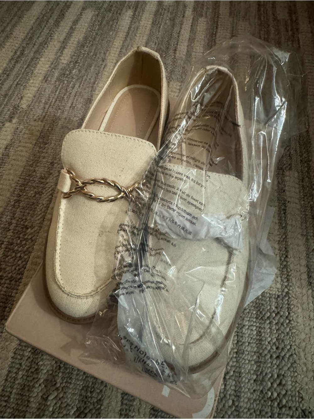 JustFab Cream Canvas Slip-On Loafers with Gold Chain Detail